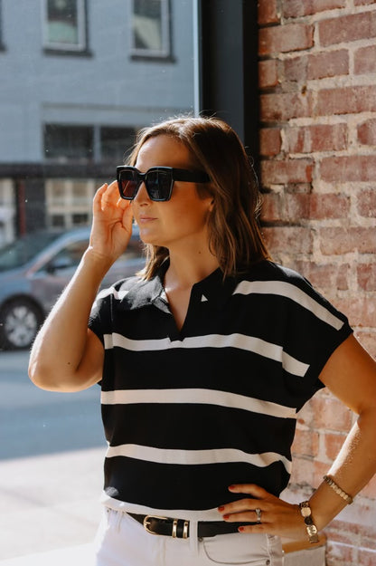 Chrisley Stripe Lightweight Knit Top With Collar