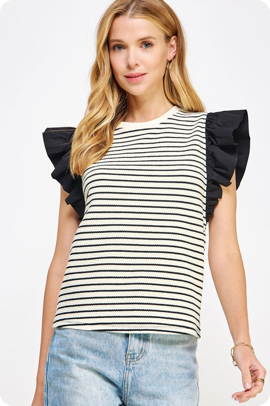 Black and White Flutter Sleeve Top