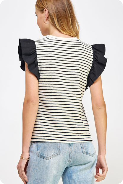 Black and White Flutter Sleeve Top