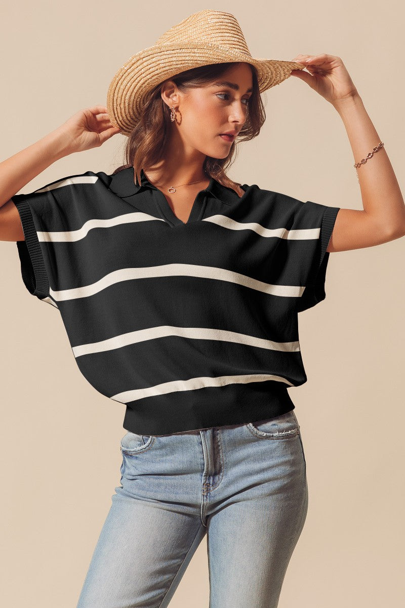 Chrisley Stripe Lightweight Knit Top With Collar