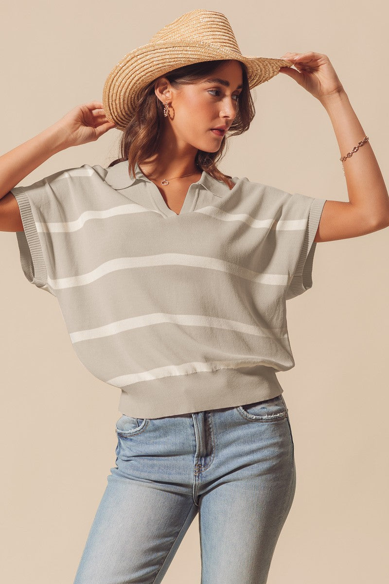 Chrisley Stripe Lightweight Knit Top With Collar